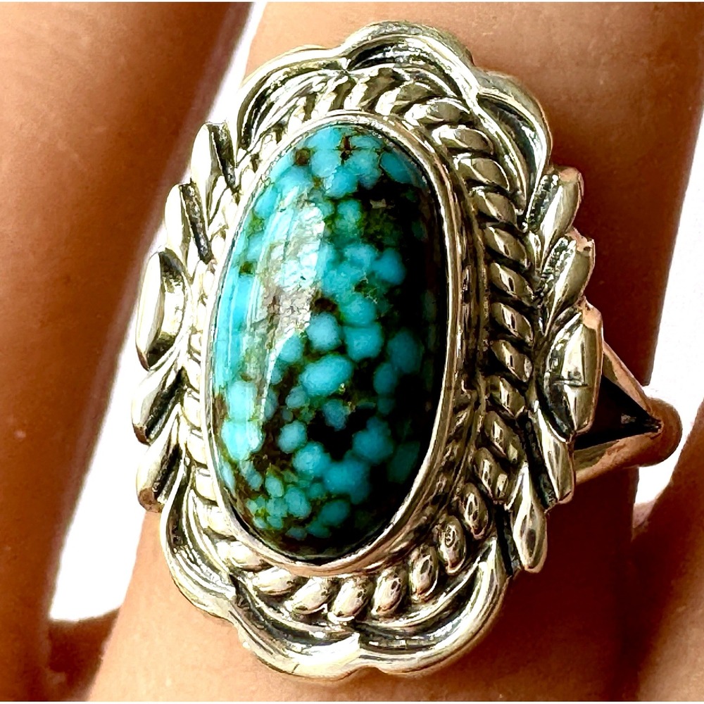 Navajo Spiderweb Turquoise Ring Sz 7 Signed V Chee Rope Sterling Native American